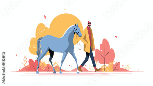 Person walking a light blue horse in a stylized autumnal landscape