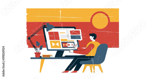 Creative workspace with retro futuristic design in graphic art style