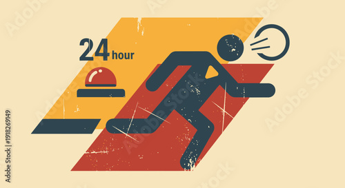 Retro emergency alert icon featuring running figure and 24-hour symbol in vintage style