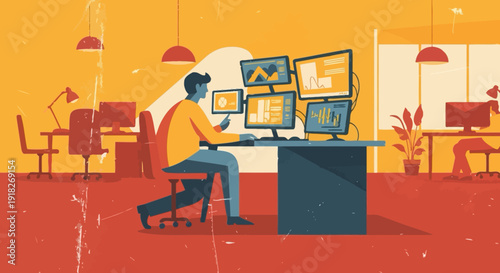 Retro office scene with businessman analyzing data on multiple screens