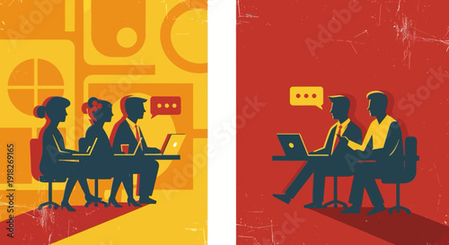 Retro business communication scene in dual tone with laptops and speech bubbles