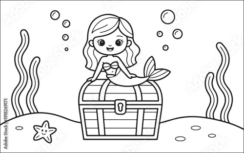 Charming little mermaid sits happily on a large old treasure chest at the bottom of the ocean