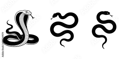cobra snake silhouette vector art illustration in black, featuring a snake icon, snake vector silhouette, and curved snake animal design for logos.