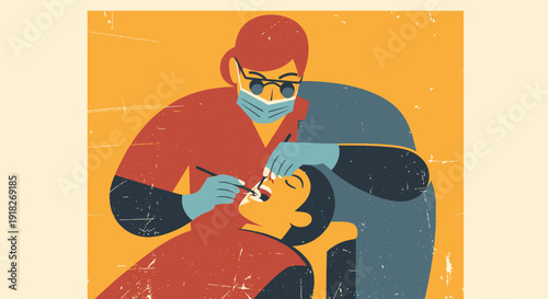 Dentist performing examination in abstract retro style artwork