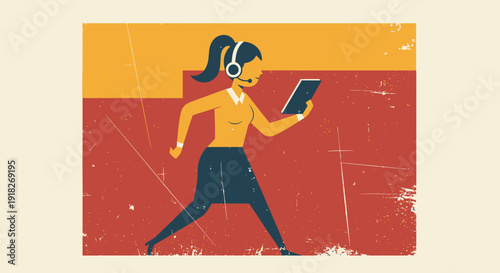 Woman with tablet and headphones walking in vintage style