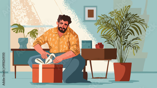 A man with a beard, wearing a patterned shirt, ties a ribbon on a gift box