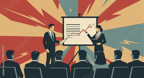 Business presentation: team analyzing growth trends with data chart in retro style