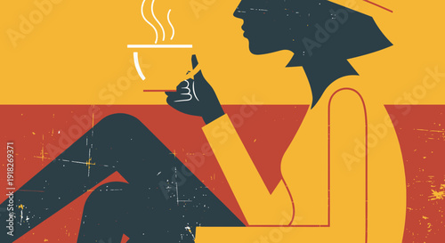 Retro style woman enjoying coffee in vintage art design
