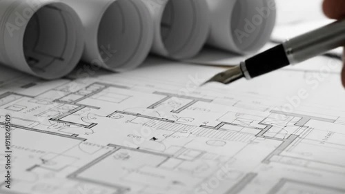 Architect’s Drafting Table with Blueprints and Fountain Pen – Professional Design and Architecture Concept, rolls of architectural drawings and tools