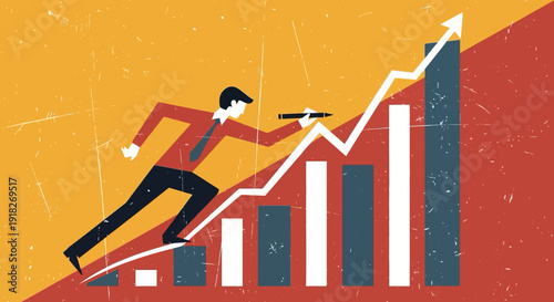 Businessman climbing growth bar graph with arrow in retro style