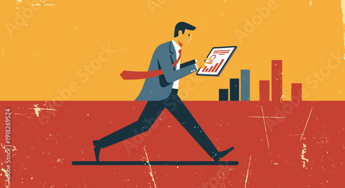 Dynamic businessman with tablet analyzing data in retro style