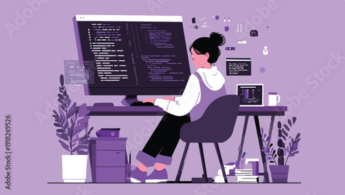 Woman coding on computer at desk with plants and books in a modern office