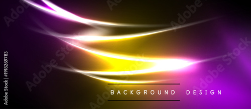 Abstract neon lines create vibrant flow. Purple, yellow hues dominate dark background. Modern design element for digital projects.