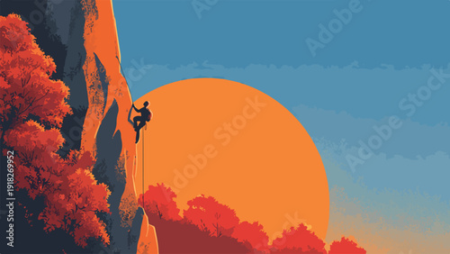 Climber ascends rocky cliff face against a vibrant sunset and sky