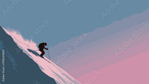 Silhouette of a lone skier descending a snow-covered mountain against a gradient sky