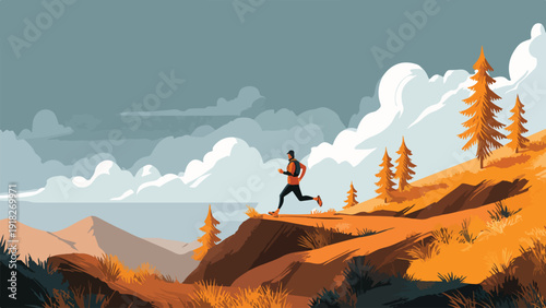 A lone runner traverses an autumn-toned mountain trail under a cloudy sky