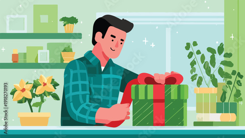 Man happily unwrapping a green gift box with a red ribbon, surrounded by plants