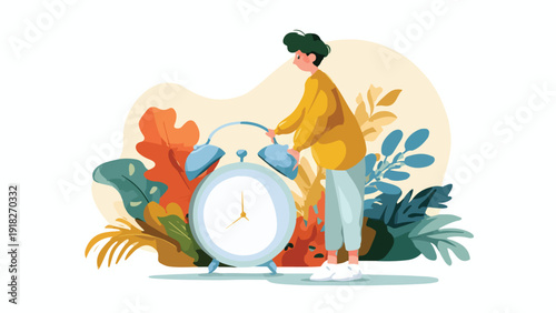 A person in a yellow sweater and blue pants adjusts a vintage alarm clock amidst colorful, abstract foliage