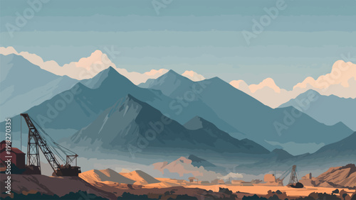 Industrial cranes operate in a mountainous desert landscape under a hazy sky