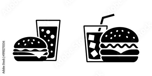 colorful illustration of a burger with fries and a drink, showcasing a classic fast food meal, burger and drink icon for restaurant menus.
