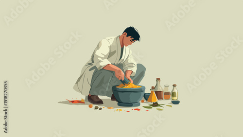 Person in lab coat crouches, grinding ingredients in mortar with pestle