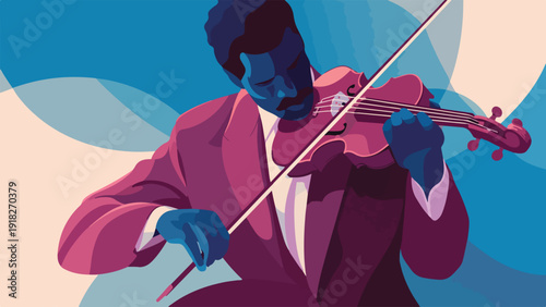 A stylized, abstract portrait of a musician playing a violin with vibrant colors