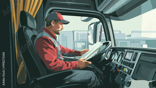 A truck driver in a red shirt and hat reviews a document while sitting in the cab
