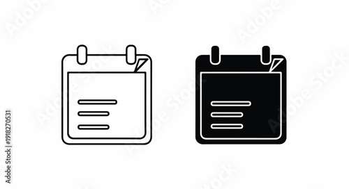 Two minimalist icons of notepads with lines, one in black and white outline on a white background.