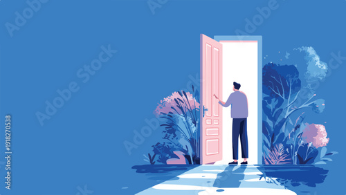 A person opens a doorway surrounded by abstract foliage, revealing bright light