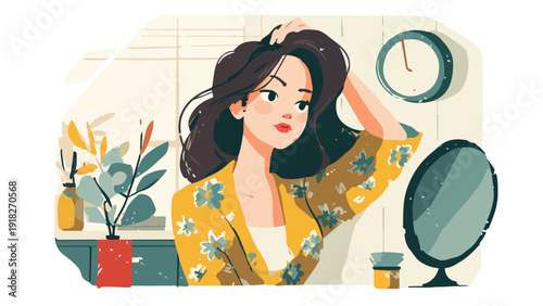 A young woman with dark hair styles her hair while looking into a mirror