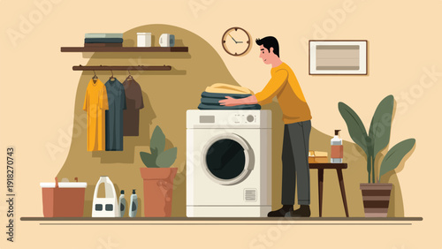 A man folds laundry next to a washing machine in a room with plants and shelves