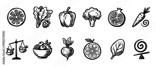 Set of hand-drawn black icons representing healthy food and nutrition concepts like fruits, vegetables, and balance, depicted in a simple doodle sketch style for diet and wellness themes