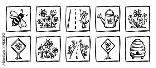 Set of ten hand-drawn doodle icons depicting nature and gardening themes like a bee, flowers, a beehive, a watering can, and a roadside sign in a simple sketch style