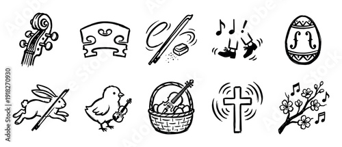 Hand-drawn black and white icon set combining Easter and classical music themes with a violin, bunny, chick, and cross symbols in a sketchy doodle style for a spring holiday celebration