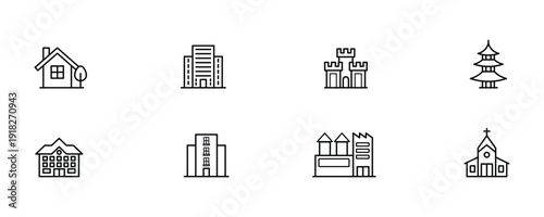 Collection of simple black line art icons representing diverse architectural structures including residential commercial historical and religious buildings for interface design