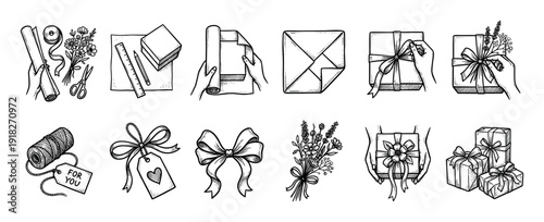 Hand-drawn gift wrapping illustrations set showing the process of packing presents with paper, ribbons, and flowers in a vintage monochrome engraved sketch style collection