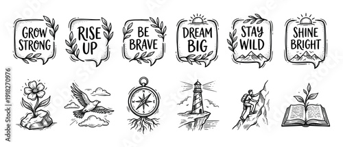 Collection of hand-drawn motivational illustrations featuring inspirational quotes and adventure symbols like a compass, climber, and lighthouse in a vintage sketch style