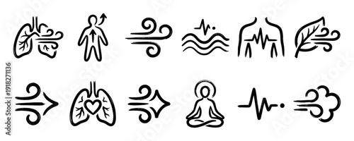 Collection of black hand-drawn icons representing breathing, respiration, and wellness concepts like yoga, meditation, lungs, and air flow, created in a simple brush stroke style