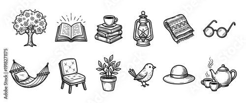 Set of hand-drawn cozy icons for relaxation including a book, tea, hammock, and lantern in a black and white sketch style, representing a hygge lifestyle and slow living