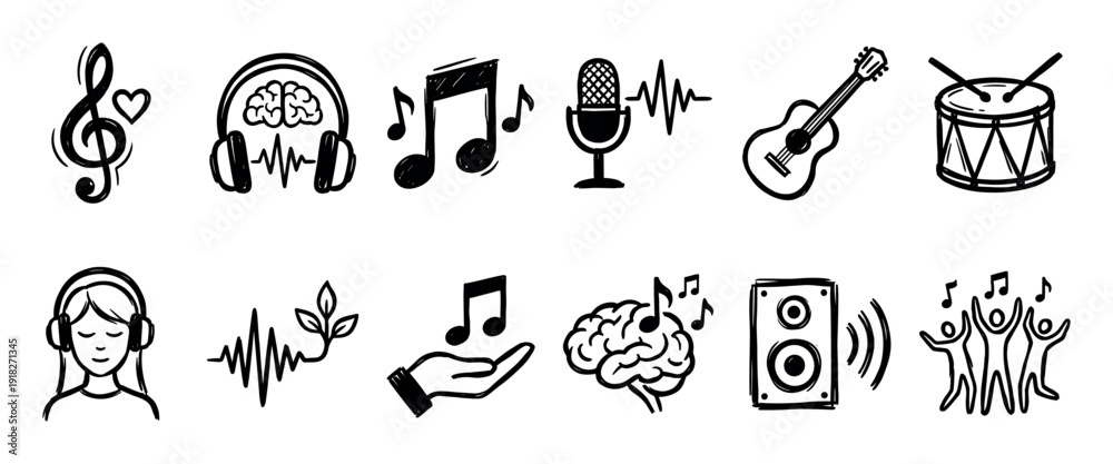 Obraz premium Set of hand-drawn music and sound icons in a sketchy doodle style, including headphones, guitar, microphone, and musical notes for various audio and creative concepts