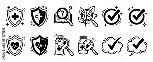 Hand-drawn set of medical and health icons in a black line art doodle style, featuring protection shields, research symbols, verification checkmarks, and medicine