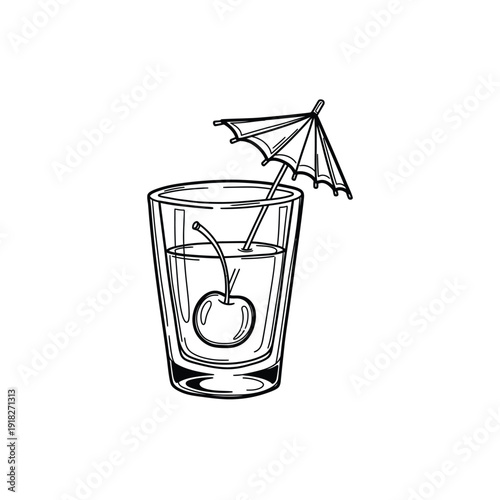 Tall glass with cocktail cherry and umbrella sketch drawing