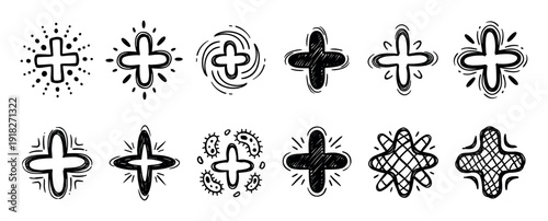 Hand-drawn plus sign and cross symbols collection in a black doodle sketch style, a diverse set of artistic icons with various textures and creative designs