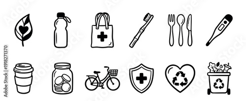 Set of hand-drawn doodle icons representing health, wellness, sustainability, and eco-friendly living concepts like recycling, reusable items, and medical care in a minimalist line art style