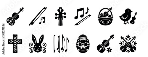 Collection of black silhouette Easter icons featuring violins, bunnies, chicks, eggs, and crosses in a decorative musical theme for spring holiday celebrations