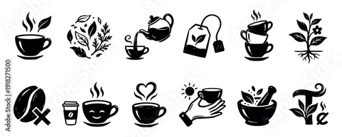 Collection of black hand-drawn icons representing tea and coffee culture with various elements like a cup, teapot, leaves, and beans in a simple doodle sketch vector style