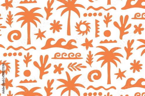 Abstract Orange Tropical Seamless Pattern with Palm Trees and Sun. Hand Drawn Boho Summer Doodle Illustration for Kids Textile and Modern Decor.