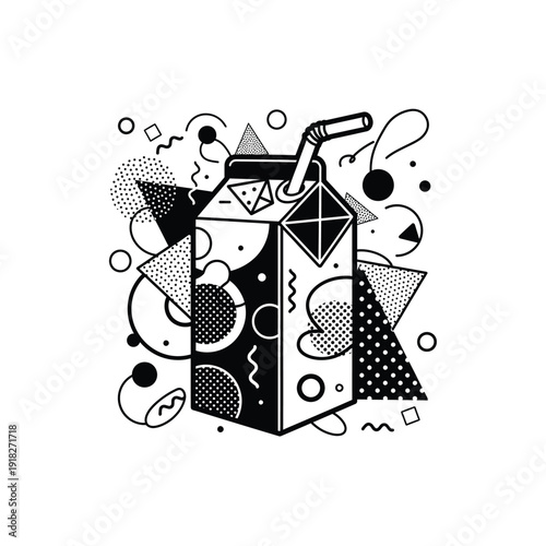 Pop art memphis style juice box with straw geometric shapes black white