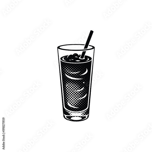 Soda glass with straw and bubbles hand drawn vintage halftone vector illustration