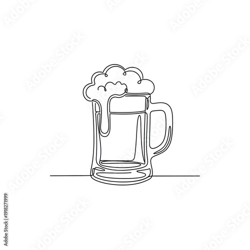 Beer mug with foam continuous one line drawing vector illustration isolated on back